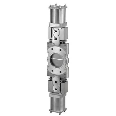 Double gate bi-directional wafer style knife gate valve for very high consistency or concentration media or fluids